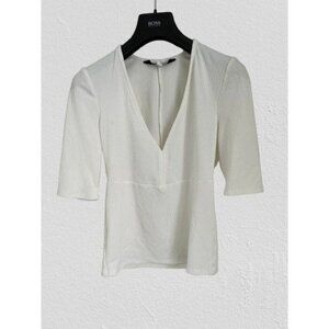 Intermix White Ribbed V-Neck Stretch Knit Top With Elbow Sleeves - Size S